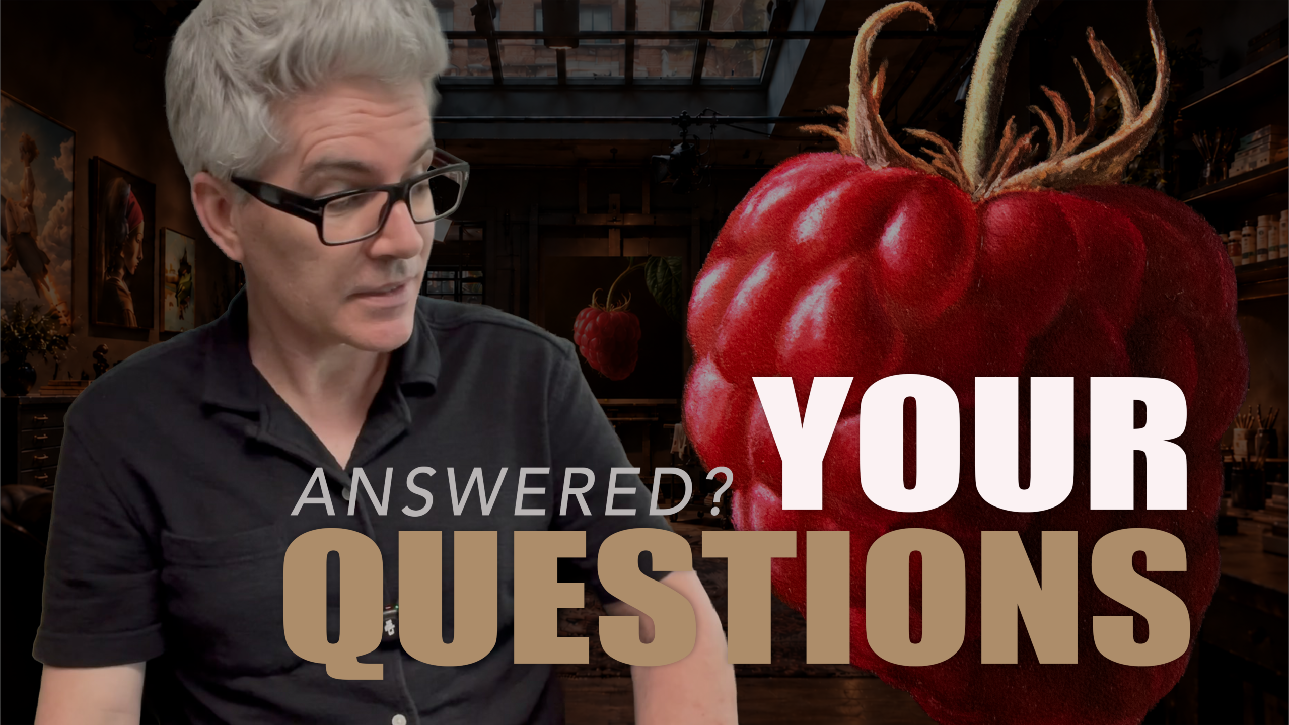 George Ayers beside a raspberry, with the words “Your questions answered?”