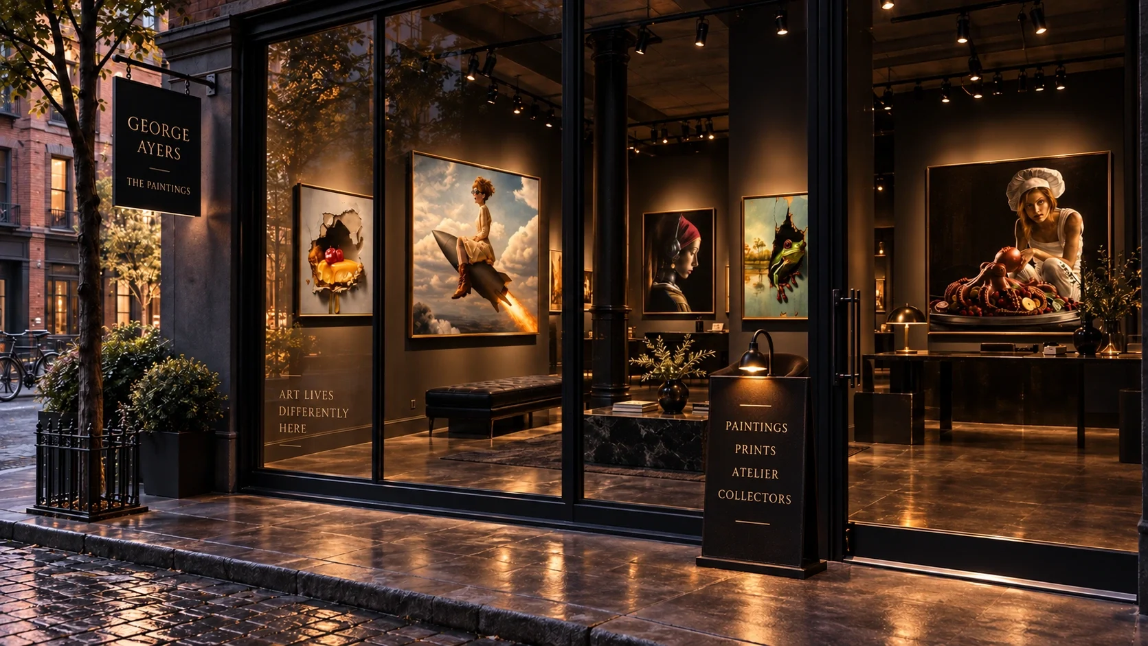 An imagined George Ayers gallery at dusk, with paintings glowing through tall windows and a lamp illuminating an outdoor sign for Paintings, Prints, Atelier and Collectors